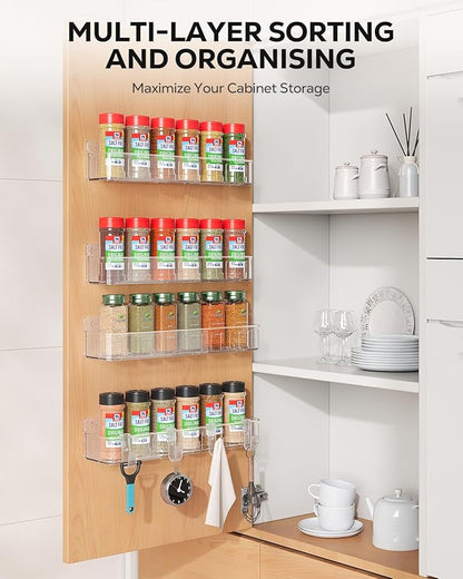 Nieifi Spice Rack Wall Mount, 4 Pack, Clear, 2 Inch Wide, Screw or Adhesive Installation, Spice Rack Organizer for Small Spice Jars, Suitable for Kitchen Cabinet or Pantry Door