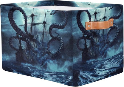 AUUXVA Storage Basket Ocean Kraken Nautical Pirate Ship Animal Octopus Storage Cube Box Durable Canvas Collapsible Toy Basket Organizer Bin with Handles for Shelf Closet Bedroom Home Office