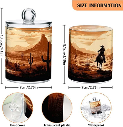 4 Pack Apothecary Jars Bathroom Vintage Western Cowboy Qtip Holder Dispenser Clear Plastic Storage Canister Jar with Lid for Cotton Ball, Cotton Swab