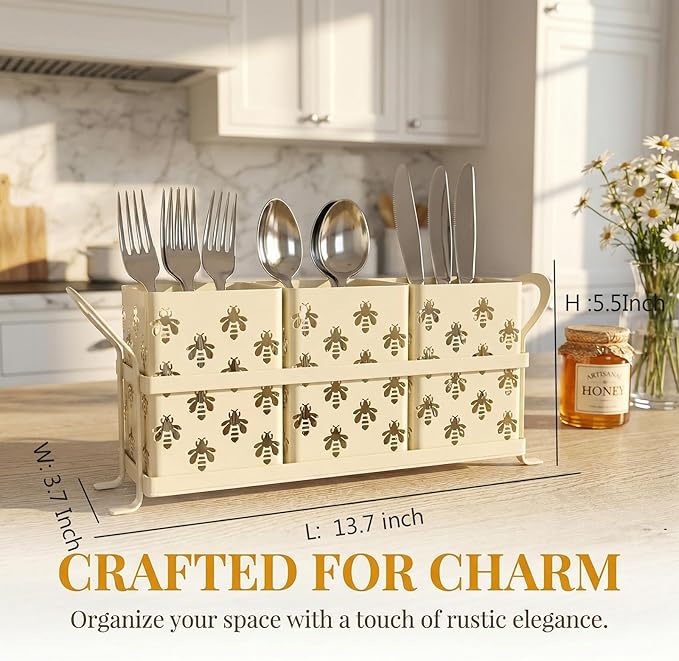 Silverware Caddy with Bee Design, 3 Compartment Metal Utensil Holder with Handles,Silverware Holder for Party Countertop, Kitchen, Outdoor, Cutlery Holder Organizer for Spoon Fork,Cream White
