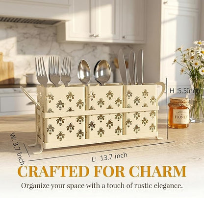 Silverware Caddy with Bee Design, 3 Compartment Metal Utensil Holder with Handles,Silverware Holder for Party Countertop, Kitchen, Outdoor, Cutlery Holder Organizer for Spoon Fork,Cream White