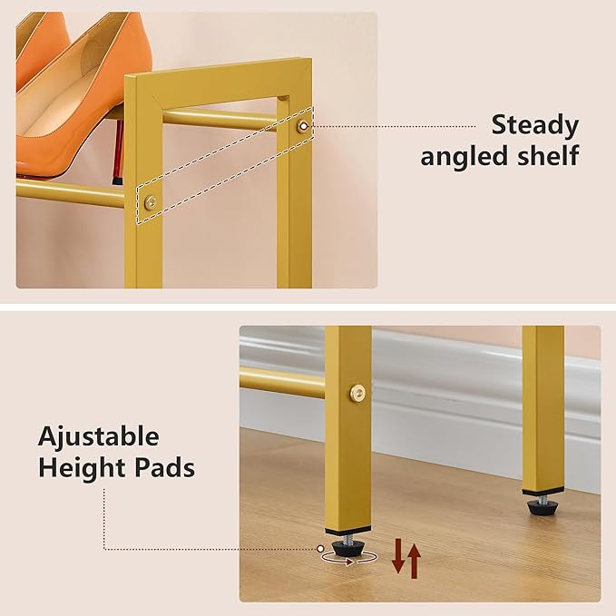 FAVOOSTY 2-Tier Expandable Shoe Rack, Adjustable Shoe Shelf Storage Organizer Space Saving Metal Free Standing Shoe Rack for Entryway Closet Doorway, Gold