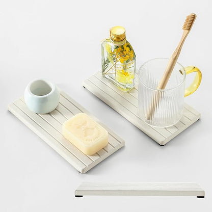 Razborci 2 Pack Greige Bathroom Sink Vanity Trays, Diatomite Stone Kitchen Counter Caddy Dish Soap Dispenser Sponge Holder, Water Absorbing Mat Organizer for Plant,Cosmetic Bottle, Beige, 8"x3.8"