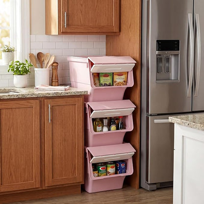 Giantex Plastic Stackable Storage Bins with Lids & Wheels, 6 Pack Open Front Stacking Bins, Organizer Bins for Pantry, Kitchen, Laundry, Closet, Playroom, Bedroom Organization (35 QT)