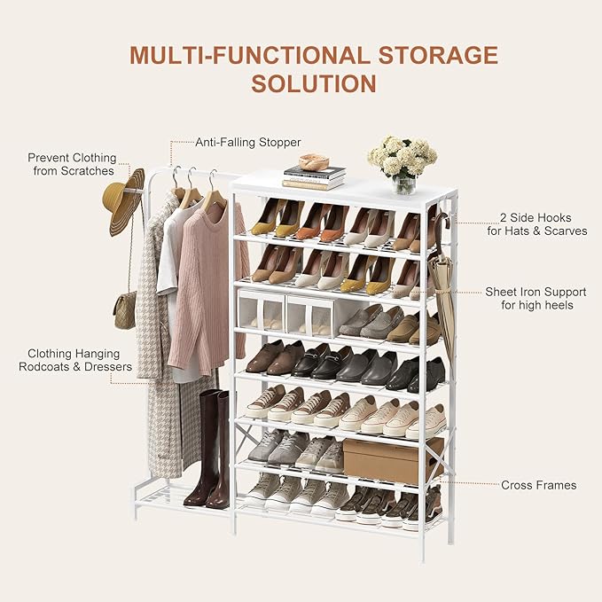 Shoe Rack with Coat Rack, 8 Tier Tall Shoe Storage Organizer with Hooks, 3-in-1, Wooden Top Shelf, Sturdy Frame, Metal Clothes Hanger Stand for Entryway, Closet, White
