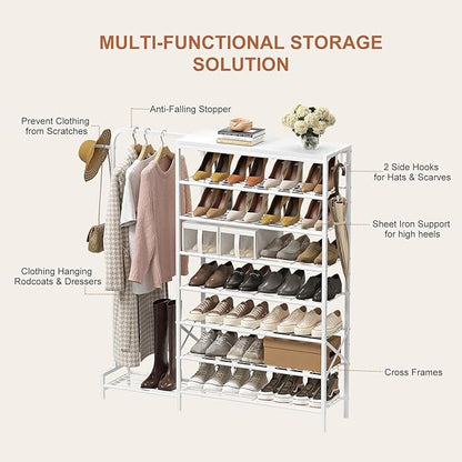 Shoe Rack with Coat Rack, 8 Tier Tall Shoe Storage Organizer with Hooks, 3-in-1, Wooden Top Shelf, Sturdy Frame, Metal Clothes Hanger Stand for Entryway, Closet, White