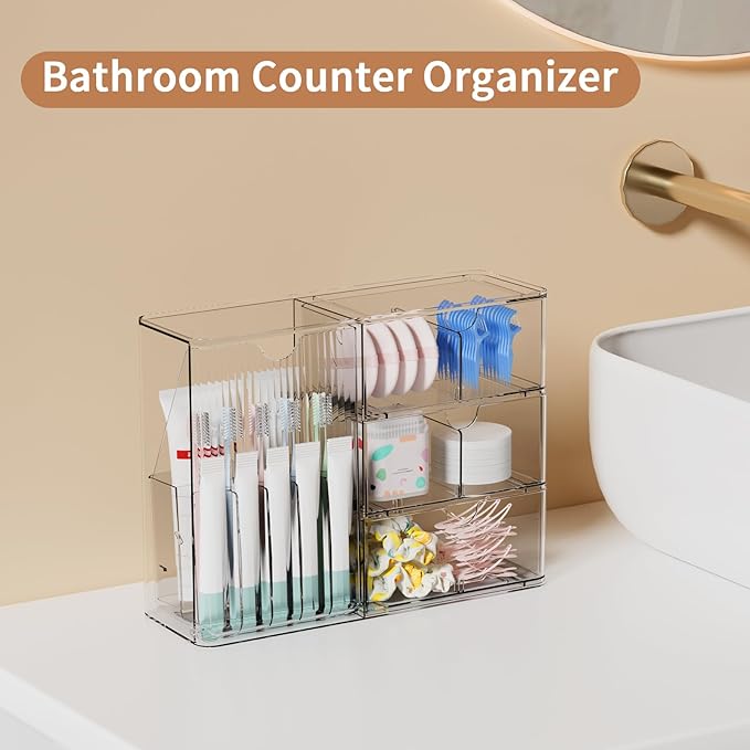 Makeup Organizer with Covered Brush Holder for Bathroom Vanity Countertop, Clear Skincare Storage with Drawers and Removable Dividers, Cosmetic Display Case for Lipsticks, Nail Polishes, Perfumes