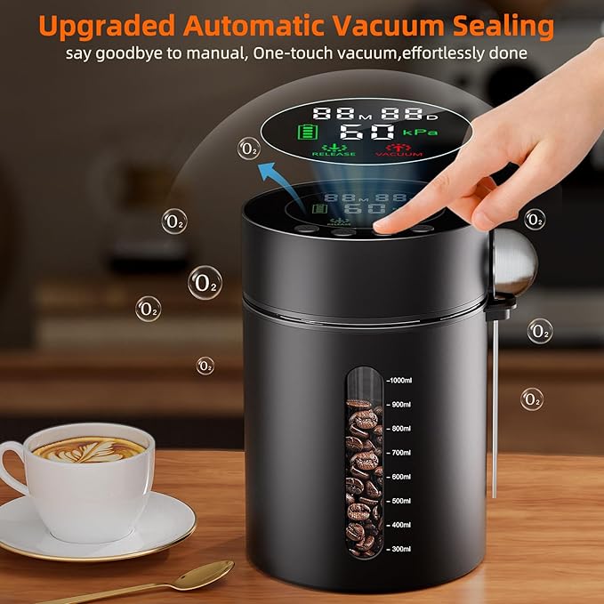 Automatic Vacuum Coffee Canister, 1.3L Coffee Container with Smart Pressure Sensor,LED Display,Window,Scoop Rechargeable Airtight Electric Coffee Bean Storage for Home Kitchen Ground Food Tea Storage