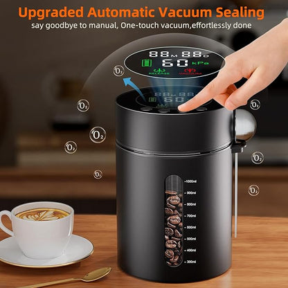 Automatic Vacuum Coffee Canister, 1.3L Coffee Container with Smart Pressure Sensor,LED Display,Window,Scoop Rechargeable Airtight Electric Coffee Bean Storage for Home Kitchen Ground Food Tea Storage