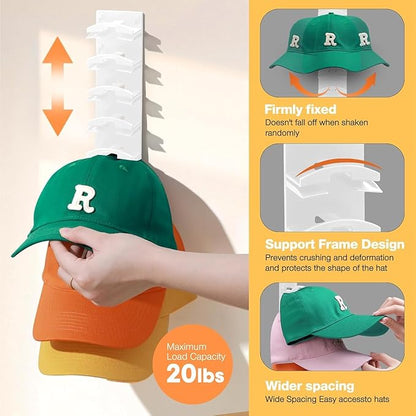 HINIHAO 2 Pack Hat Organizer for Baseball Caps, Hat Rack for Wall with Strong Adhesive, Wall Mounted Hat Hooks Hold up to 16 Hats for Closet Door and Bedroom (White)