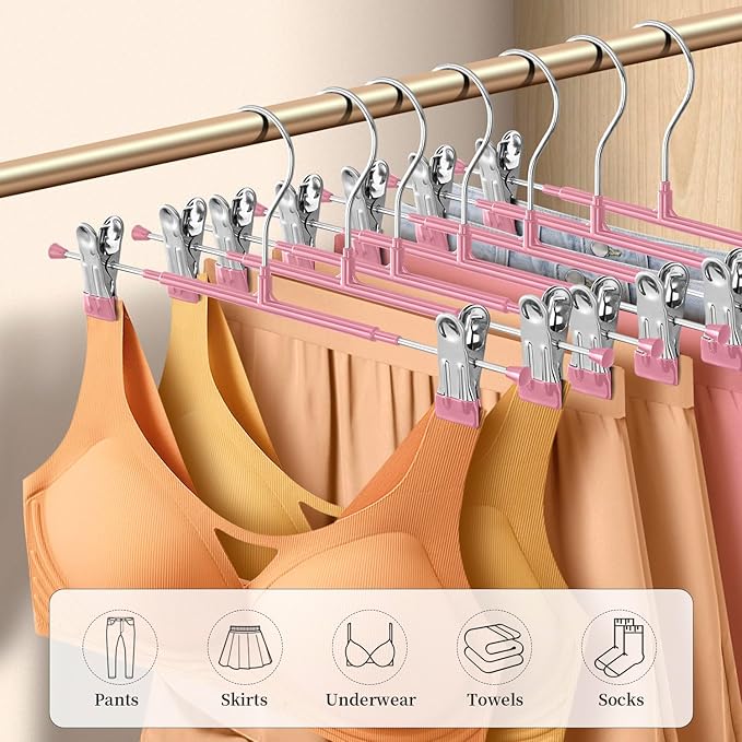 14Inch 50PACK Pants Hangers with Clips Adjustable Skirt Hangers for Women Metal Non-Slip Trousers Hanger Heavy Duty Space Saving Clothes Hanger for Shorts,Jeans,Pink
