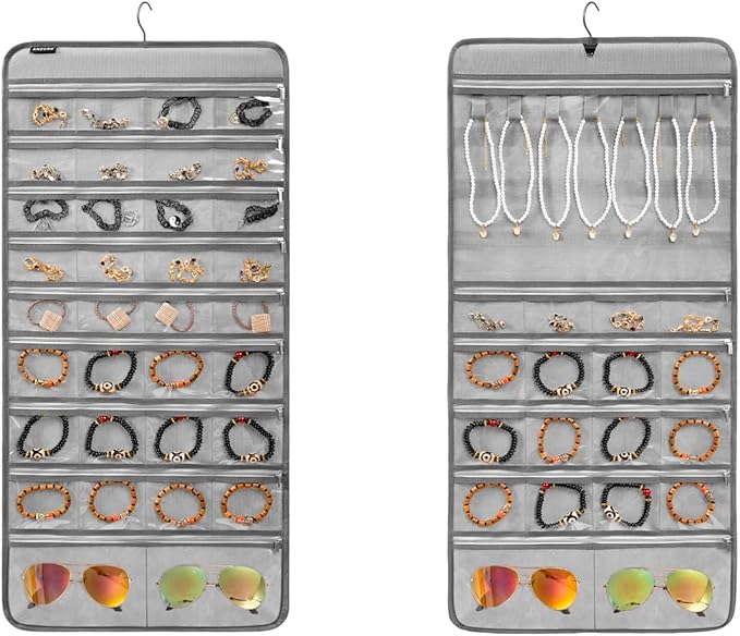 Hanging Jewelry Organizer for Holding Earrings Bracelets Rings Dual-Sided Necklace Holder with 52 Zippered Pockets and 7 Dustproof Hook Loops (GREY)