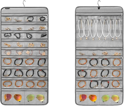 Hanging Jewelry Organizer for Holding Earrings Bracelets Rings Dual-Sided Necklace Holder with 52 Zippered Pockets and 7 Dustproof Hook Loops (GREY)