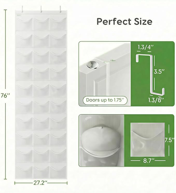 Baseball Hat Rack, 24 Pocket Over-The-Door Hat Organizer with Clear Deep Pockets to Display Baseball Caps Collection, Complete with 3 Over Door Hooks (White, 30 Pockets)