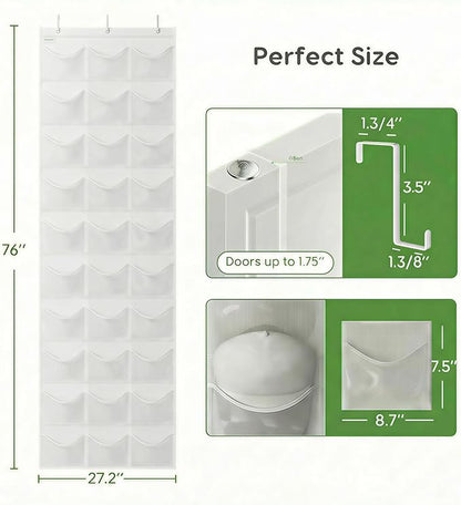 Baseball Hat Rack, 24 Pocket Over-The-Door Hat Organizer with Clear Deep Pockets to Display Baseball Caps Collection, Complete with 3 Over Door Hooks (White, 30 Pockets)