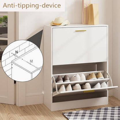 LYNSOM Shoe Cabinet, Free Standing Tipping Bucket Shoe Rack Organizer with 2 Flip Drawers, Modern Entryway Shoe Storage with Top Display, Narrow Slim Hidden Shoe Cabinet (White)