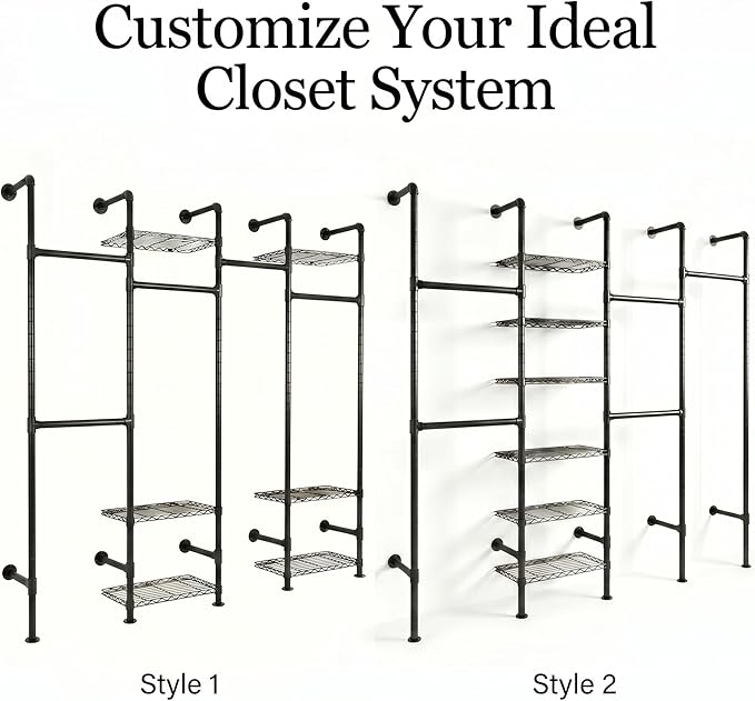 F4 Wall Mounted Closet System, Industrial Pipe Clothing Rack for Hanging Clothes, Heavy Duty Closet Organizer System, Clothes Racks with Shelves & Expandable Rod for Wardrobe, Corner, Black