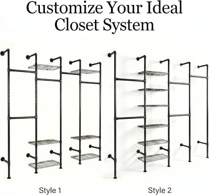 F4 Wall Mounted Closet System, Industrial Pipe Clothing Rack for Hanging Clothes, Heavy Duty Closet Organizer System, Clothes Racks with Shelves & Expandable Rod for Wardrobe, Corner, Black