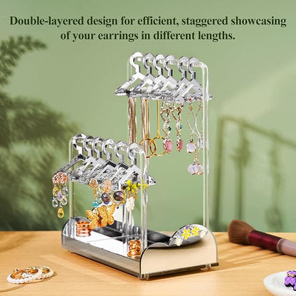 NiHome Acrylic Earring Holder with Unique Double-Tiered Design, Cute Miniature Clothing Hangers with Spacious Storage for 48 Pairs, Display for Home Vanity & Retail Showrooms (Silver, With Tray)