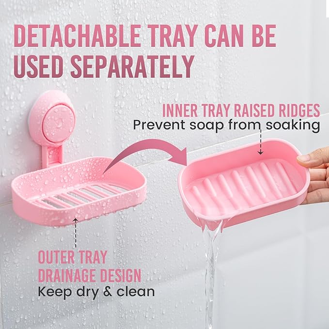 TAILI Soap Holder Soap Dish for Shower, Suction Cup Soap Holder for Shower Wall, Bathroom Accessories, Removable Strong Hold Soap Saver, Drill Free, Pink 2 Set