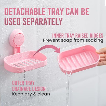 TAILI Soap Holder Soap Dish for Shower, Suction Cup Soap Holder for Shower Wall, Bathroom Accessories, Removable Strong Hold Soap Saver, Drill Free, Pink 2 Set