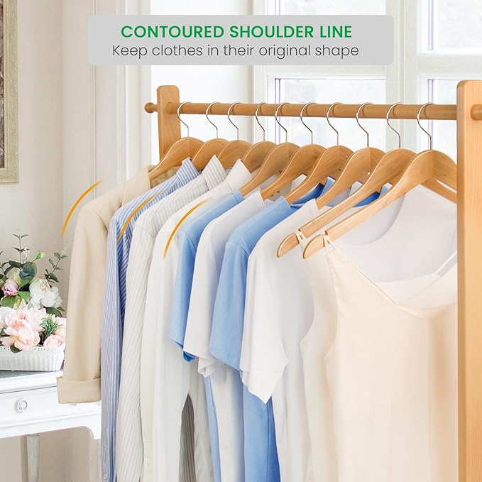 Nature Smile Solid Gugertree Wood Shirt and Dress Hangers with Notches with Anti-Rust Chrome Hook Pack of 10 (Natural)