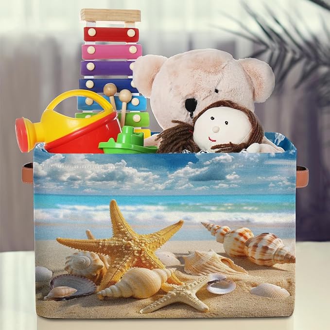 AUUXVA Storage Basket Sea Ocean Beach Starfish Shell Storage Cube Box Durable Canvas Collapsible Toy Basket Organizer Bin with Handles for Shelf Closet Bedroom Home Office