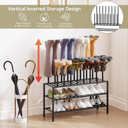 Boot Rack for Tall Boots Organizer,3-Tier Multiuse Shoe Rack and Boot Storage Rack,for Tall Boots,Sneakers,High-Heel (Black, 3-Tier-Long)