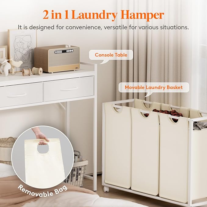 Lifewit Laundry Hamper 3 Section, Large Rolling Laundry Sorter with Shelf & 2 Drawers, Pull-Out Laundry Basket Organizer with Wheels and Removable Bag for Laundry Room Bathroom, White and Beige