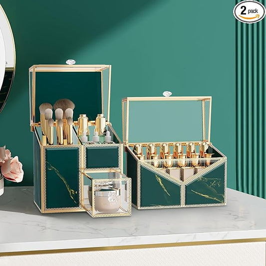 CoralHouse Makeup Organizer Countertop Set – Vanity Holder with 18-Slot Lipstick Organizer & Covered Makeup Brush Holder – Skincare, Perfume & Cosmetic Display for Bathroom or Dresser