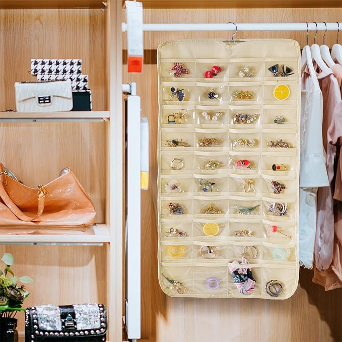 Bloss Hanging Jewelry Organizer 80 Pockets Hanging Double-Side Jewel Hanger For Jewelry Earring Storage, Jewelry Organizers and Storage for Wall, Door, Travel-Beige