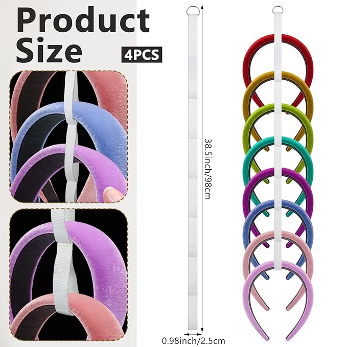 FMOACEN 4 Pcs Headband Holder Organizer, White Hanging Wall Mounted Hairband Accessories, Hair Hoop Storage Display with 32 Total Rings for Women Girls, Bedroom Dorm Closet Decor