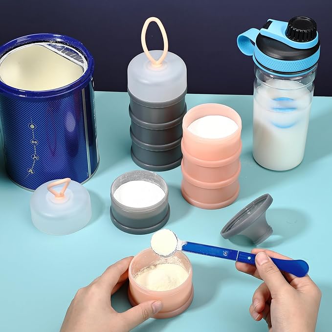 Baderke 2 Pcs Protein Powder Container with Funnels Stand, 4 Stackable Leakproof Protein Powder Dispenser, Portable Keychain Powder Container for Workout, Fitness, Travel