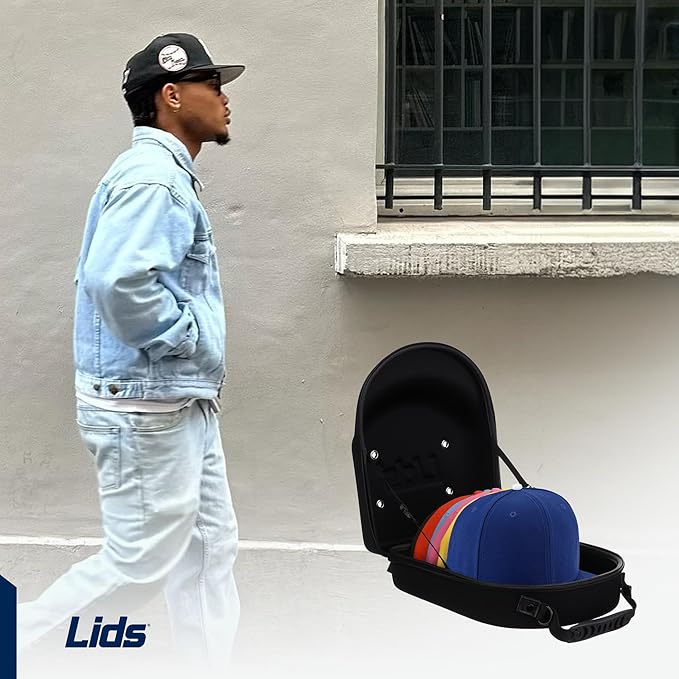 Lids Hat Travel Case – Baseball Cap Carrier for 6 Hats, Durable Black Exterior & Interior, Storage with Handle & Adjustable Shoulder Strap, Hard Hat Organizer for Travel & Closet