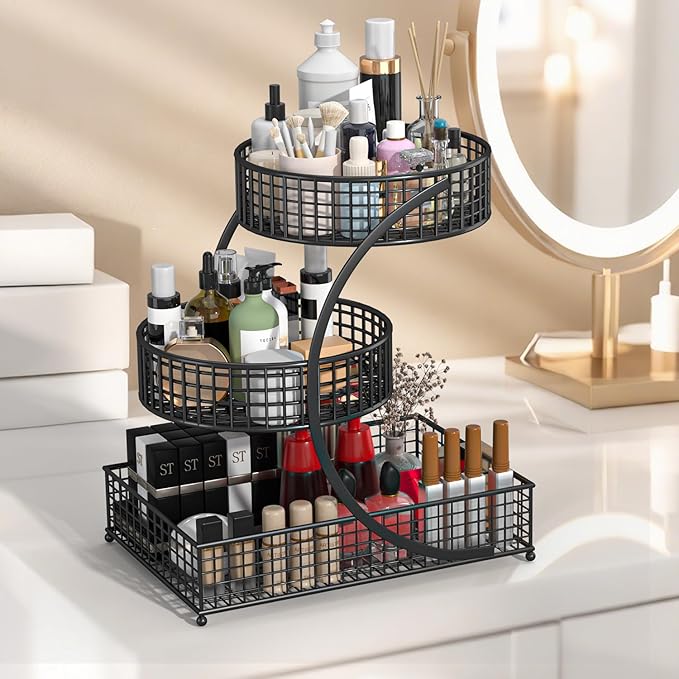 BCWW 3 Tiers Makeup Organizer Countertop Multi Bathroom Counter Organizer Metal Fruit Basket Perfume Skincare Organizers Holder for Vanities, Cabinet, Cosmetic, Dresser Organizer (Black)