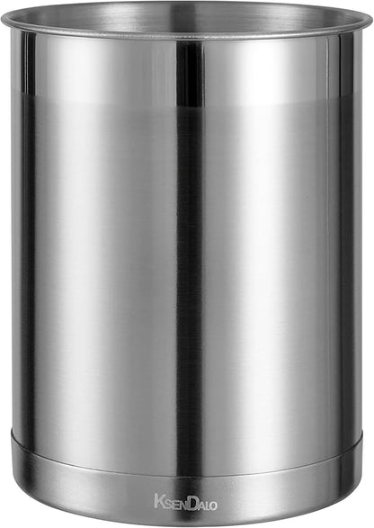 KSENDALO Stainless Steel Utensil Holder for Counter 5.0" Diameter, Brushed Metal Utensil Crock Canister for Cooking Utensils on Countertop, with Heavy Base, Dishwasher Safe,Silver