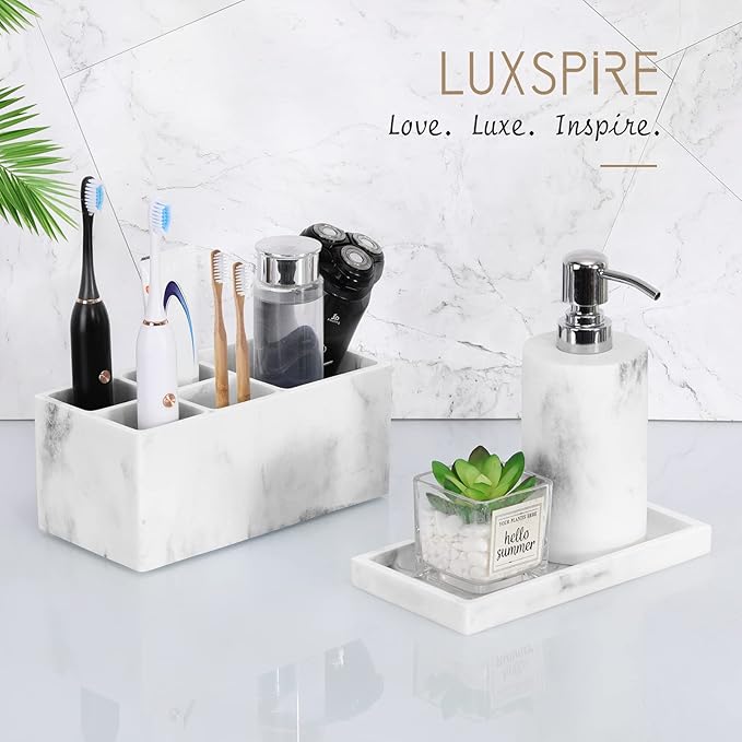 Luxspire Bathroom Vanity Tray, 8 x 4 inch Resin Kitchen Sink Tray for Soap Dispenser Bathroom Countertop Organizer Plate Holder for Perfume Soap Towel Bathroom Accessories, Mini, White Marble