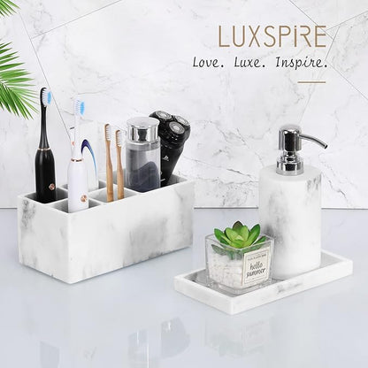 Luxspire Bathroom Vanity Tray, 8 x 4 inch Resin Kitchen Sink Tray for Soap Dispenser Bathroom Countertop Organizer Plate Holder for Perfume Soap Towel Bathroom Accessories, Mini, White Marble
