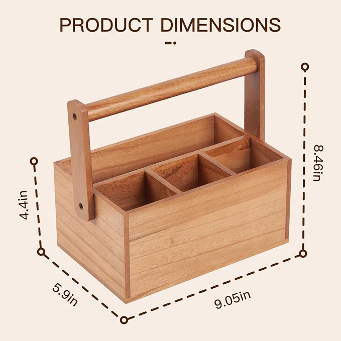 Silverware Caddy with Handle Acacia Paper Plate Holders Wooden Utensil Holder Mulip-Purpose Organizer Picnic Utensil Caddy for Party Home Kitchen Office Bathroom Bedroom RV