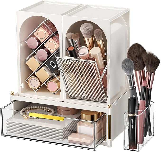 INVSSENE Stackable Makeup Organizer Countertop, Storage Perfume Skincare Cosmetic Lipstick Face Mask Makeup Brush Palettes, Ideal for Vanity Bathroom Counter