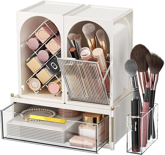 INVSSENE Stackable Makeup Organizer Countertop, Storage Perfume Skincare Cosmetic Lipstick Face Mask Makeup Brush Palettes, Ideal for Vanity Bathroom Counter