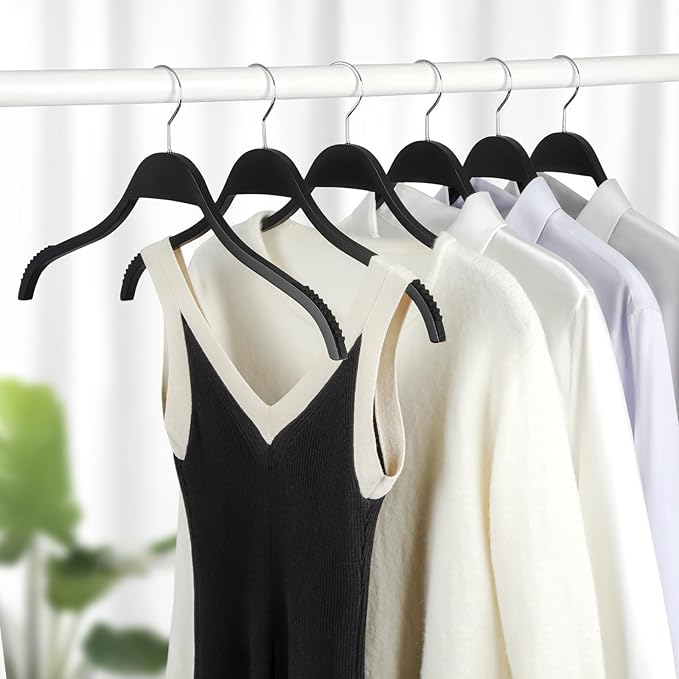 TOPIA HANGER Slim Wooden Hangers with Extra Soft Non-Slip Rubber Grips, 30-Pack High-Grade Fashion Hanger No Shoulder Bump for Sweater, Camisole, Jacket, Dress, Coat (Black)-CT15B30