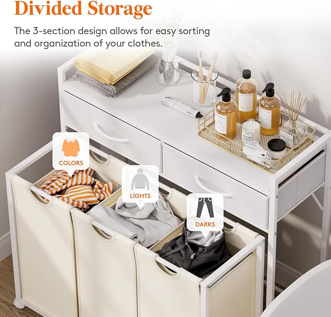 Lifewit Laundry Hamper 3 Section, Large Rolling Laundry Sorter with Shelf & 2 Drawers, Pull-Out Laundry Basket Organizer with Wheels and Removable Bag for Laundry Room Bathroom, White and Beige
