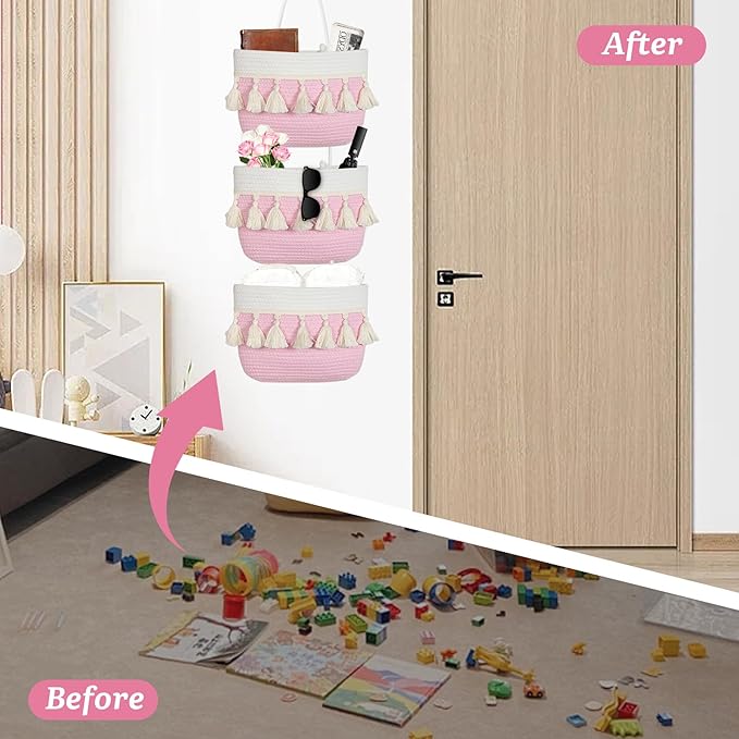 Over the Door Organizer Nursery - Cotton Boho Decor 3 Tier Wall Hanging Basket, Decorative Hanging Storage Organizer for Nursery Bathroom Bedroom Laundry Dorm Kitchen