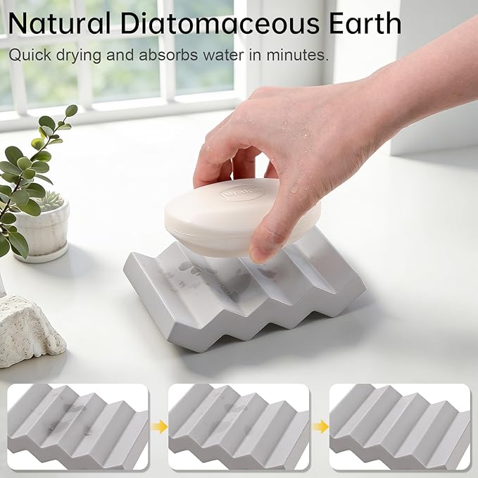 Self Draining Bar Soap Holder Diatomite Soap Dish Fast Drying Soap Saver Small Sponge Caddy for Shower, Bathroom, Kitchen Sink, Light Grey