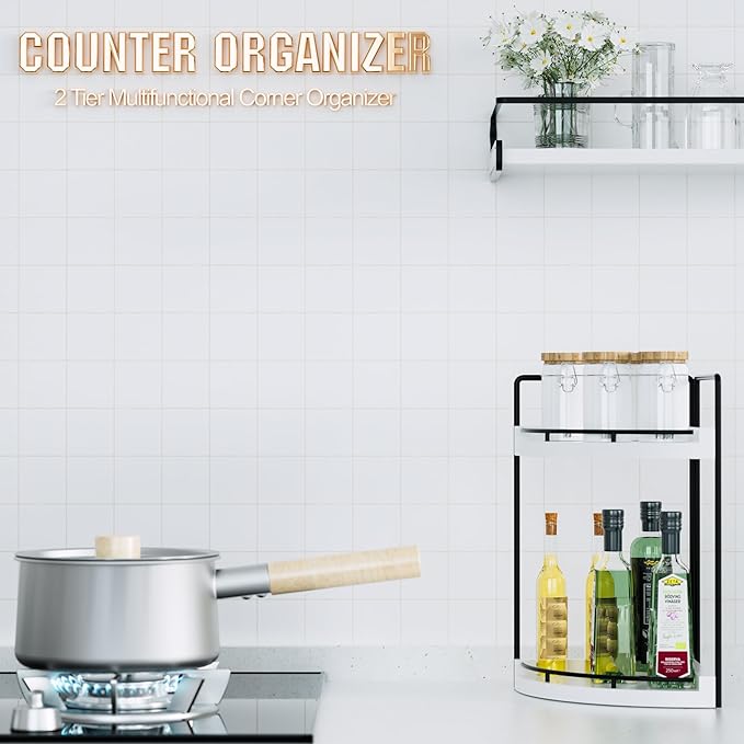 Corner Bathroom Counter Organizer, 2 Tier Wood Vanity Storage, Waterproof Skincare Shelf for Kitchen & Toiletries Decor, Dresser (White-2 Tier)