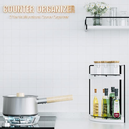 Corner Bathroom Counter Organizer, 2 Tier Wood Vanity Storage, Waterproof Skincare Shelf for Kitchen & Toiletries Decor, Dresser (White-2 Tier)