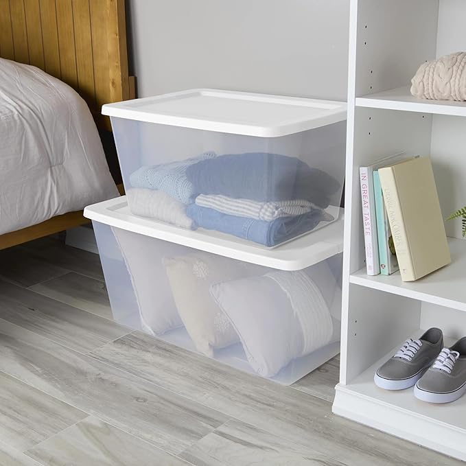 58 Quart Clear Storage Bin with Snap-on White Lid, Storage Container, 2 Pack