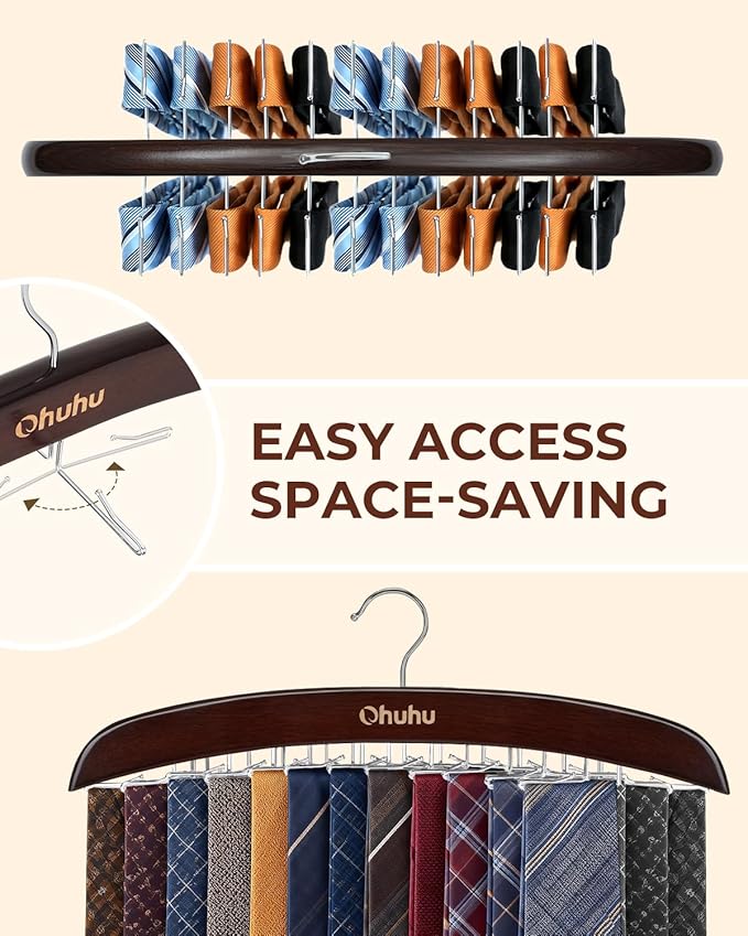 Tie Rack Hanger for Closet: Ohuhu 2 Packs 24 Folding Hooks Tie Hangers for Men Wooden Tie Holder Organizer Space Saving Necktie Storage 360 Degree Rotating Ties Belts Scarves Tank Tops-Walnut