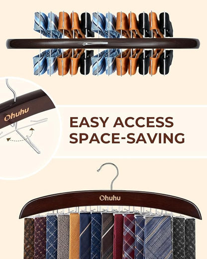 Tie Rack Hanger for Closet: Ohuhu 2 Packs 24 Folding Hooks Tie Hangers for Men Wooden Tie Holder Organizer Space Saving Necktie Storage 360 Degree Rotating Ties Belts Scarves Tank Tops-Walnut